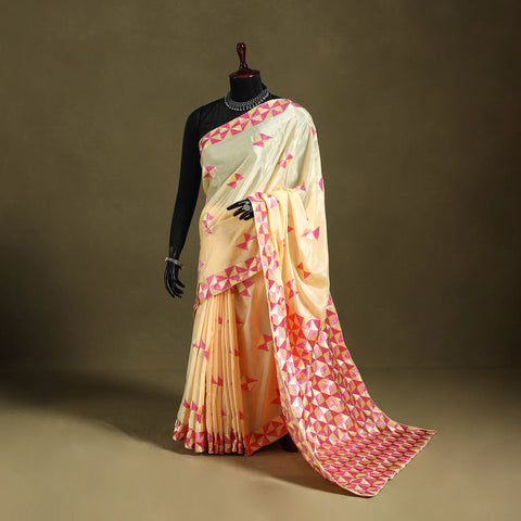 Beige - chinon embroidery phulkari saree 25 - handcrafted
