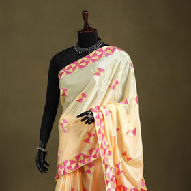 Beige - chinon embroidery phulkari saree 25 - handcrafted