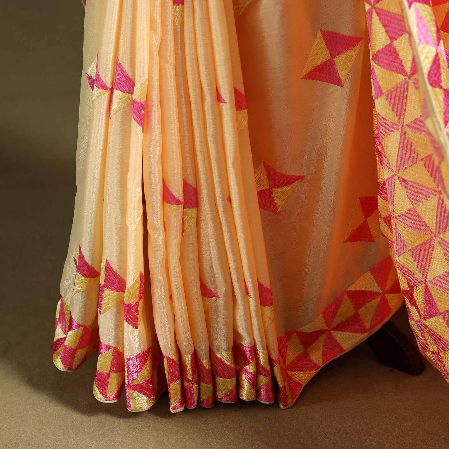 Beige - chinon embroidery phulkari saree 25 - handcrafted