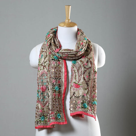 Pink Ranihati Chapa Work Embroidery Chanderi Silk Stole with Pom Pom