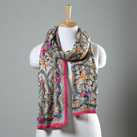 Pink Ranihati Chapa Work Embroidery Chanderi Silk Stole with Pom Pom