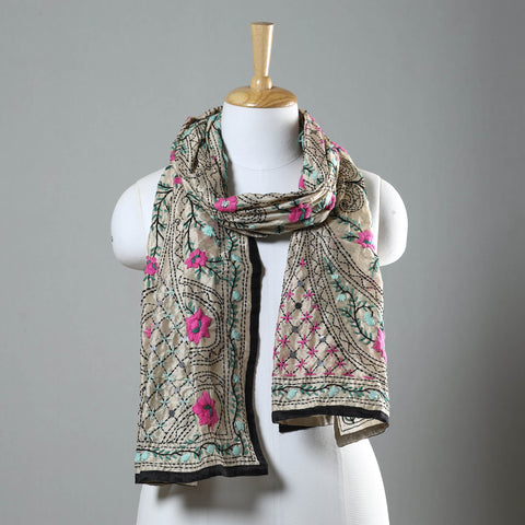 Black Ranihati Chapa Work Embroidery Chanderi Silk Stole