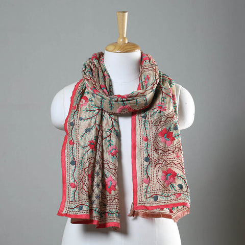 Pink Ranihati Chapa Work Embroidery Chanderi Silk Stole with Pom Pom