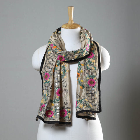 Black Ranihati Chapa Work Embroidery Chanderi Silk Stole