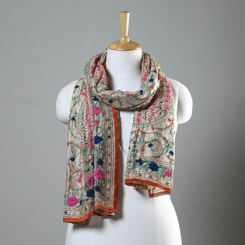 Orange Ranihati Chapa Work Embroidery Chanderi Silk Stole