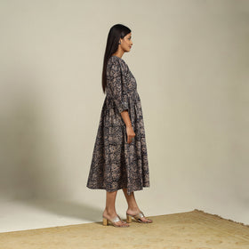 Black Block Print Natural Dyed Cotton Flared Kalamkari Dress