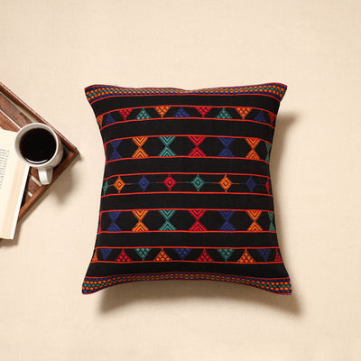 Black - handloom cotton urmul kashida stitch cushion cover
