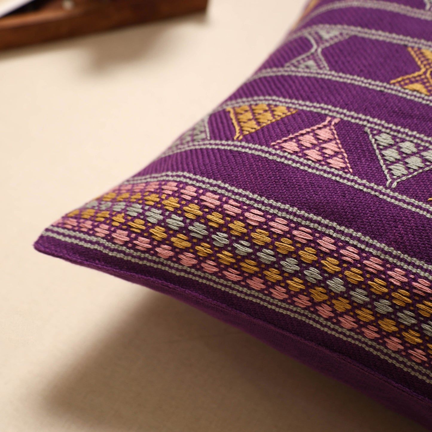 Purple - handloom cotton urmul kashida stitch cushion cover