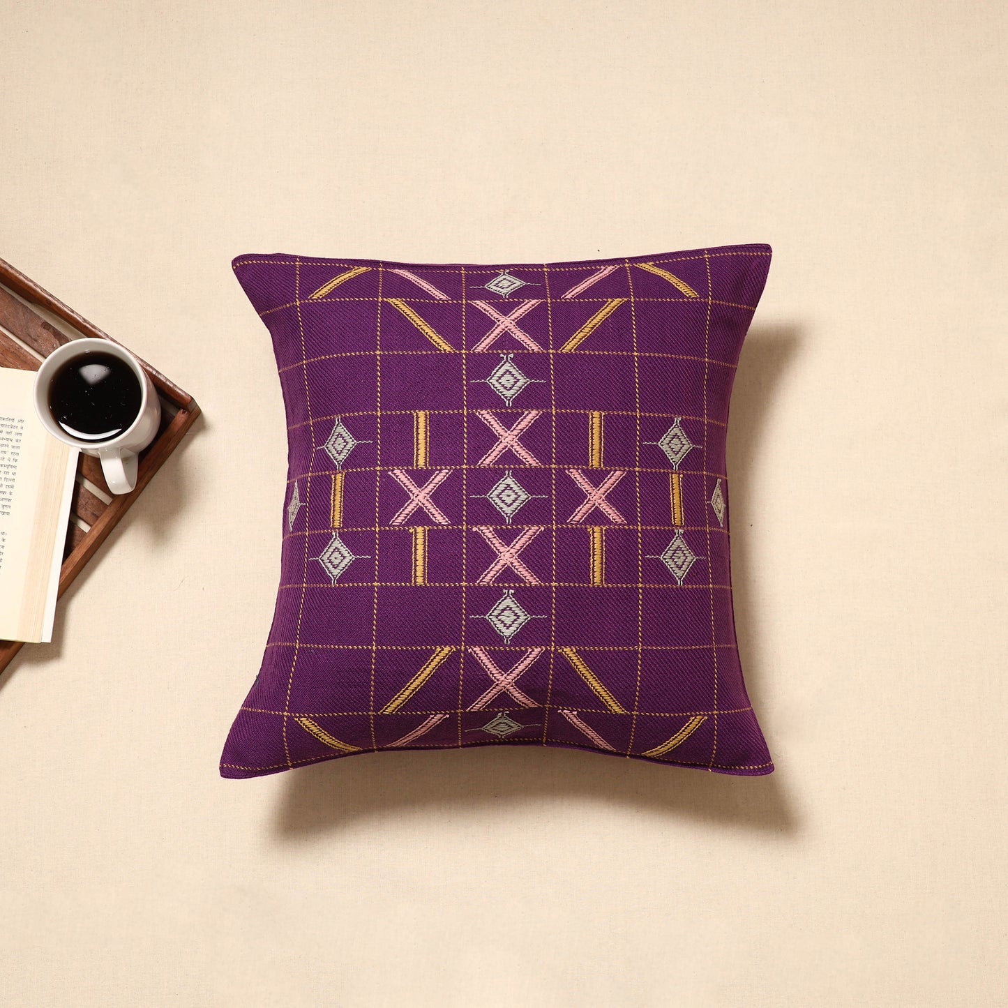 Purple - handloom cotton urmul kashida stitch cushion cover