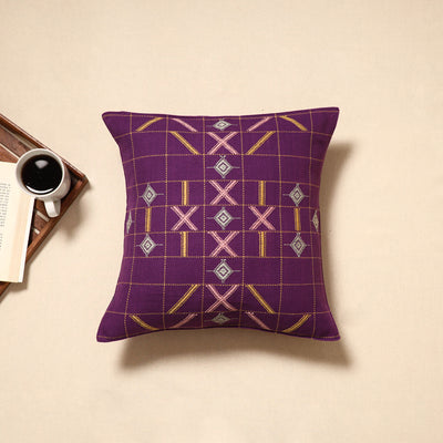 Purple - handloom cotton urmul kashida stitch cushion cover