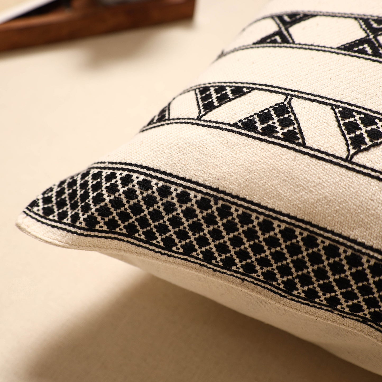 Beige - handloom cotton urmul kashida stitch cushion cover