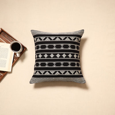 Black - handloom cotton urmul kashida stitch cushion cover