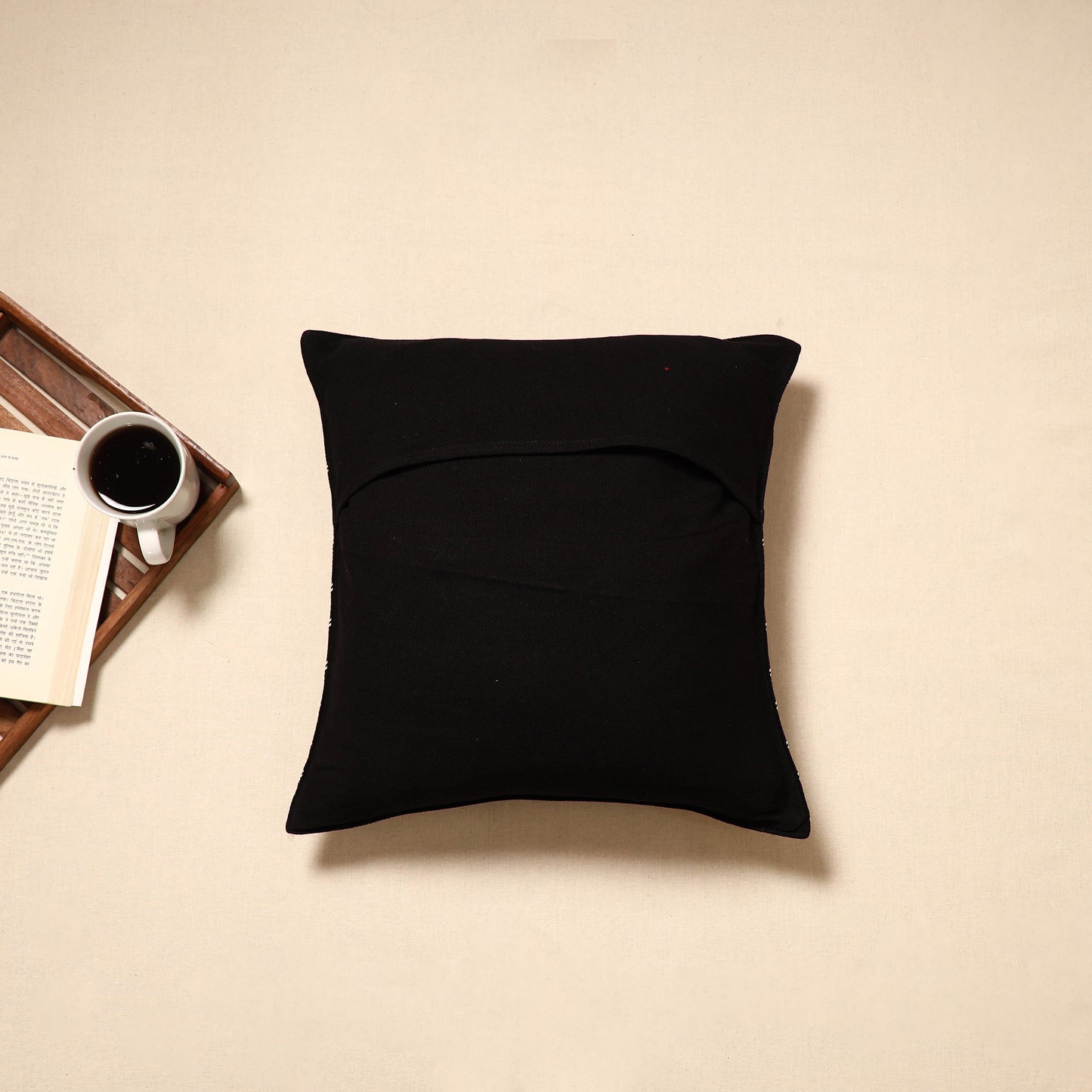 Black - handloom cotton urmul kashida stitch cushion cover