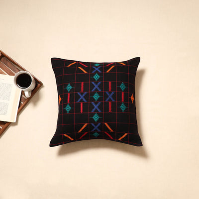 Black - handloom cotton urmul kashida stitch cushion cover