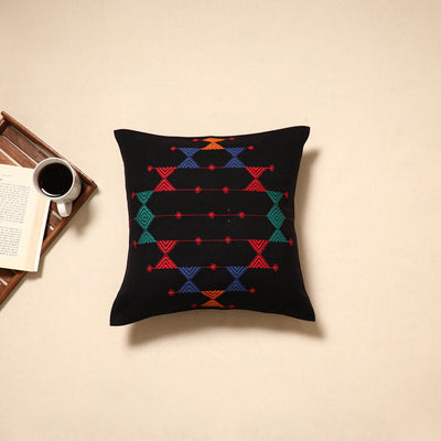 Black - handloom cotton urmul kashida stitch cushion cover