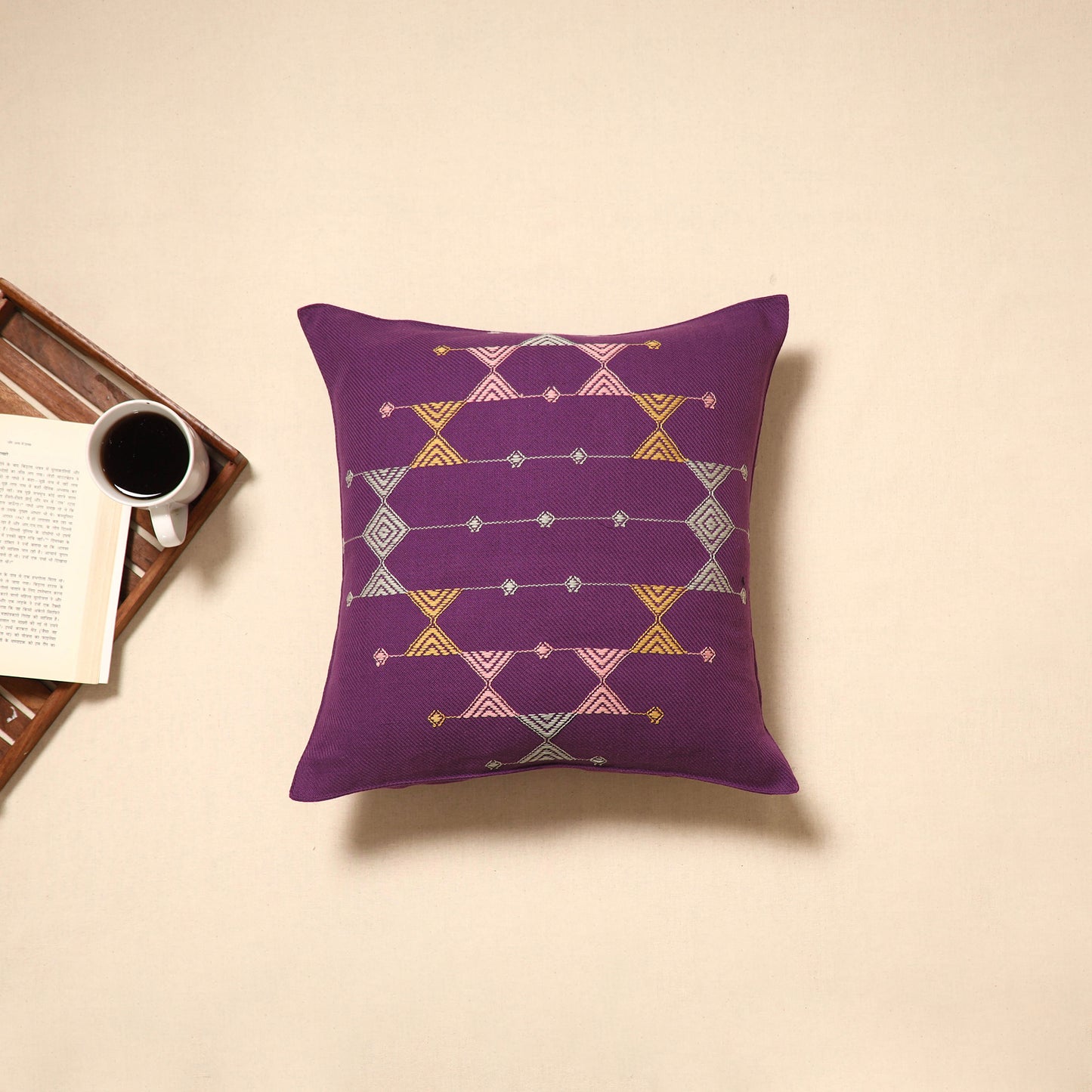Purple - handloom cotton urmul kashida stitch cushion cover