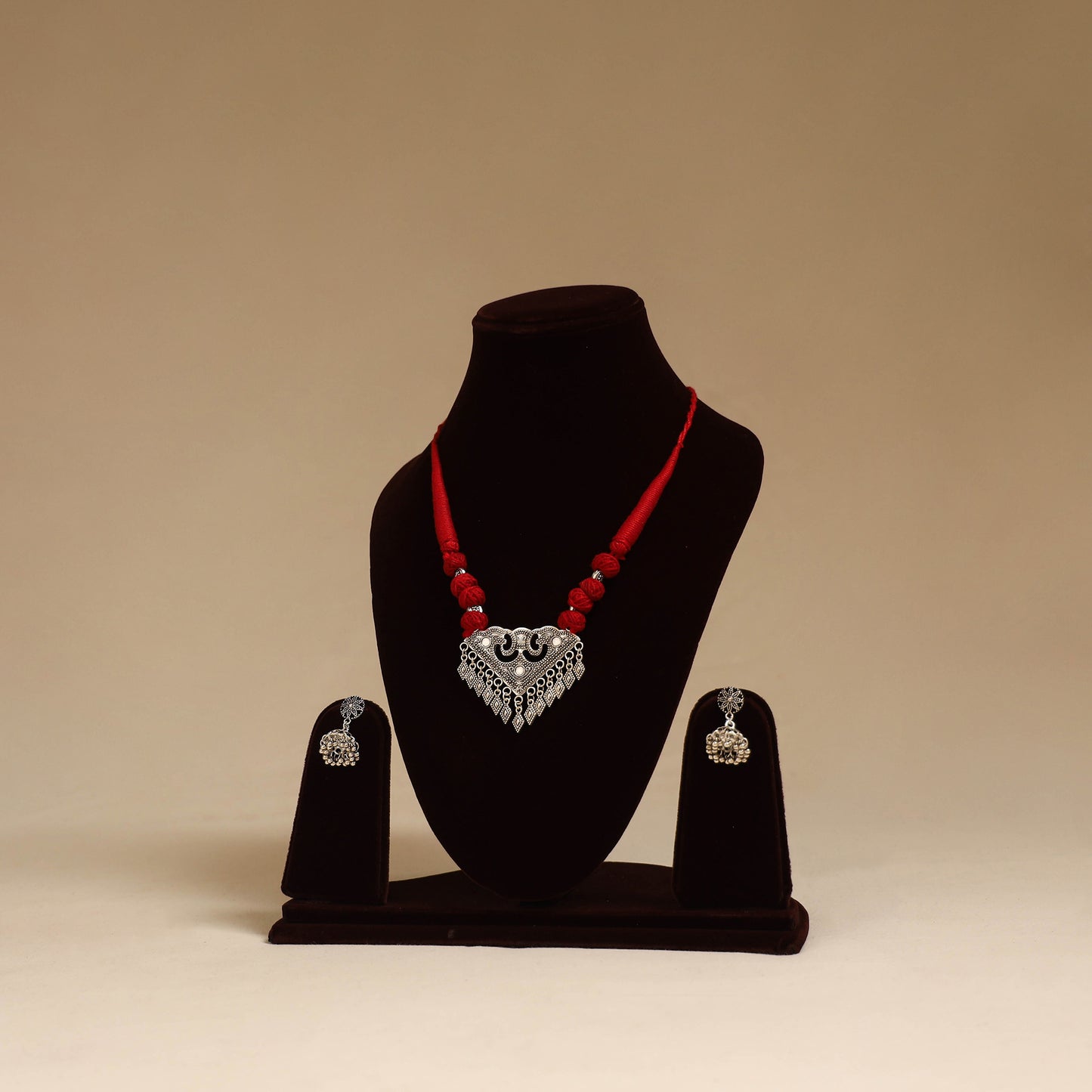 Red - German Silver Thread Beads Necklace Set 16