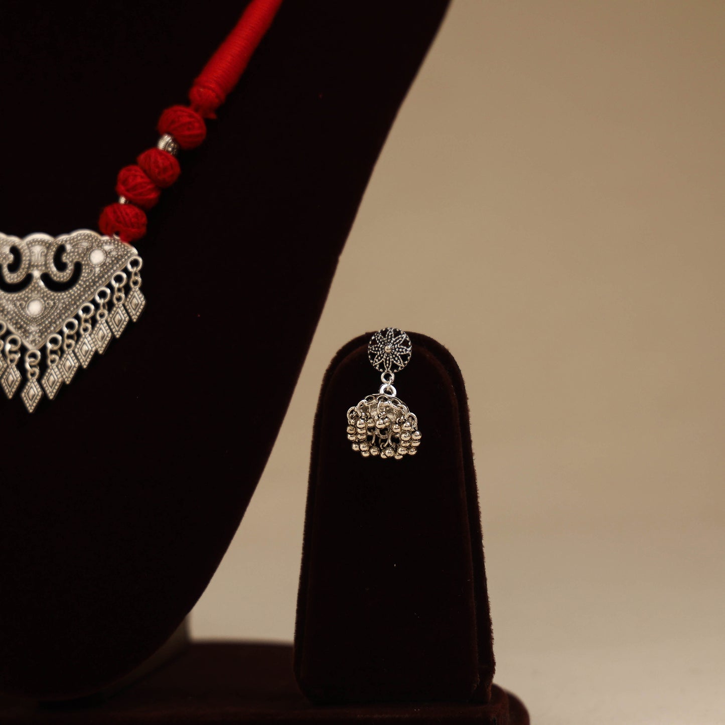 Red - German Silver Thread Beads Necklace Set 16