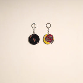 Multicolor - fabric-embellished wood keychain (set of 2) 06