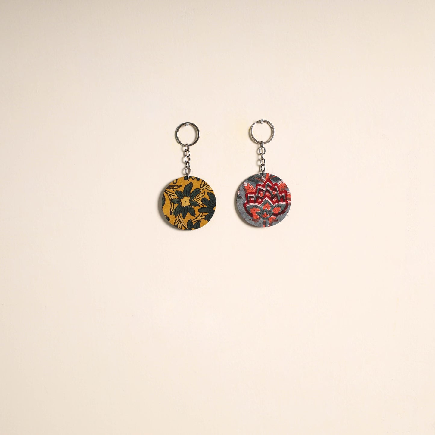 Multicolor - fabric-embellished wood keychain (set of 2) 24