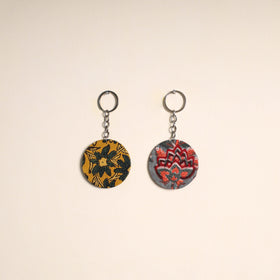 Multicolor - fabric-embellished wood keychain (set of 2) 24