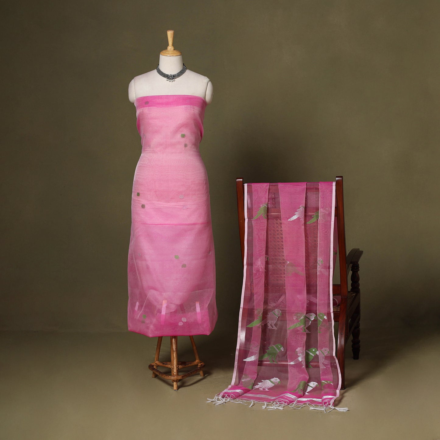 Pink - 2pc handloom mulberry silk unstitched phulia jamdani
