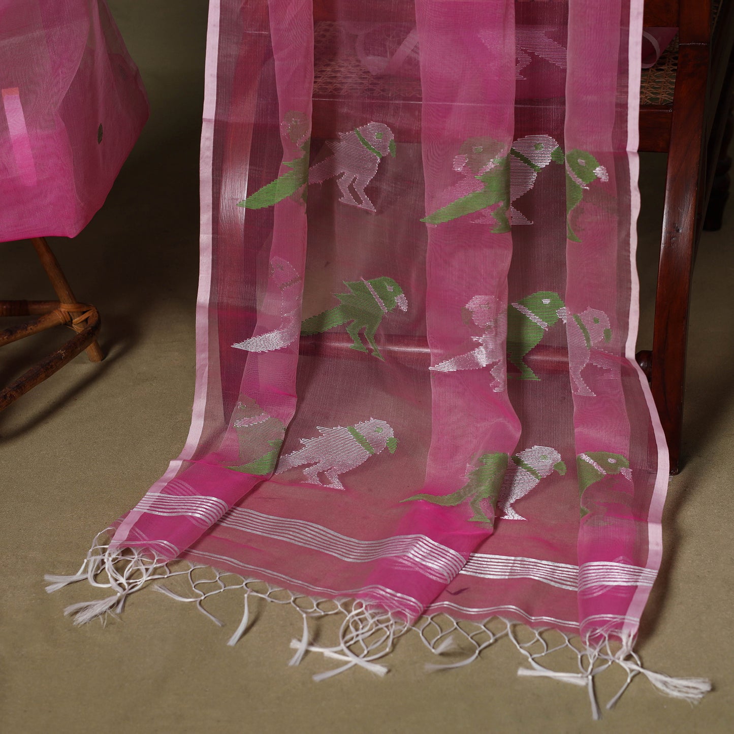 Pink - 2pc handloom mulberry silk unstitched phulia jamdani