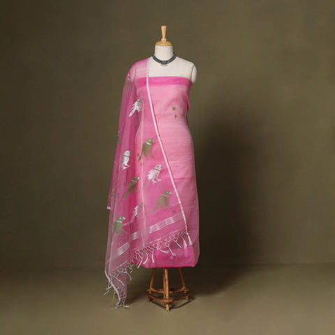 Pink - 2pc handloom mulberry silk unstitched phulia jamdani