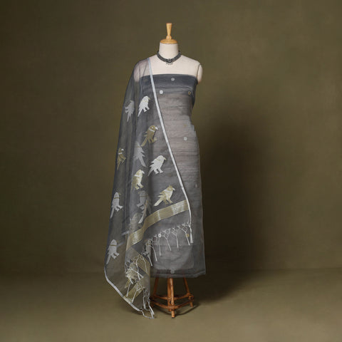 Grey - 2pc handloom mulberry silk unstitched phulia jamdani