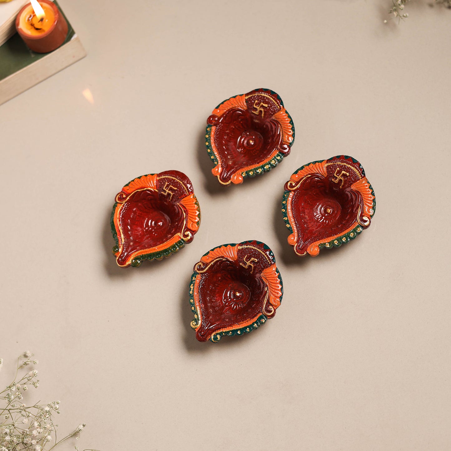 Festive handpainted clay diya (set of 4) 07 - handcrafted