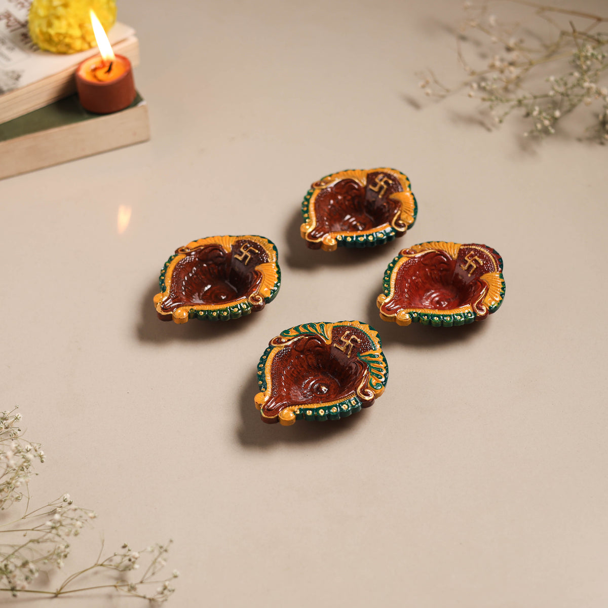 Festive Handpainted Clay Diya (Set of 4) 09