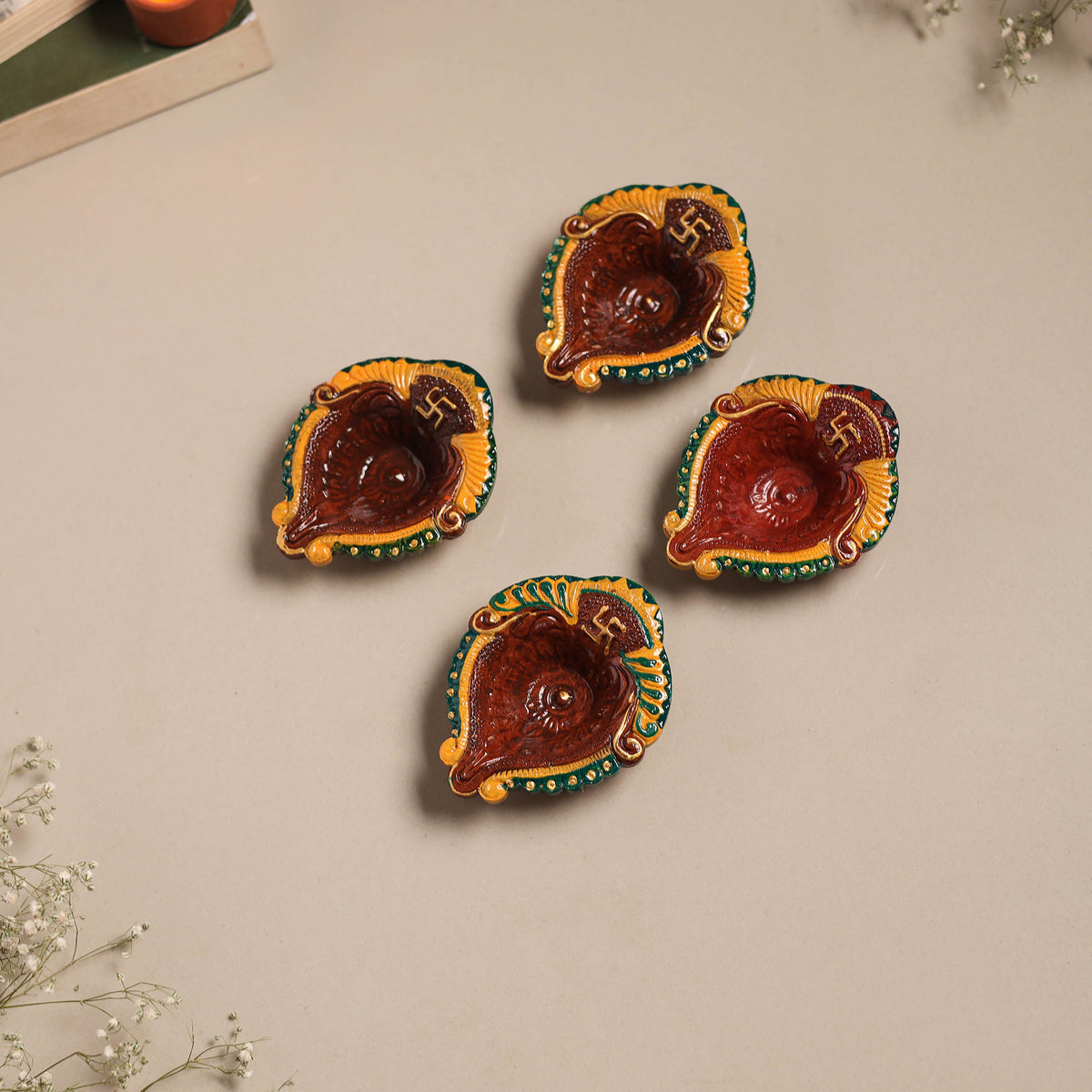 Festive Handpainted Clay Diya (Set of 4) 09