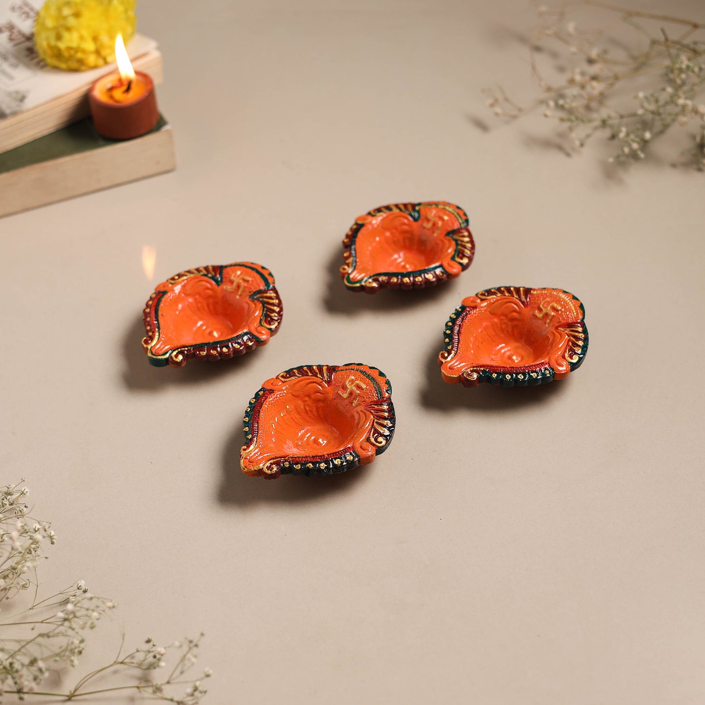 Festive handpainted clay diya (set of 4) 10 - handcrafted