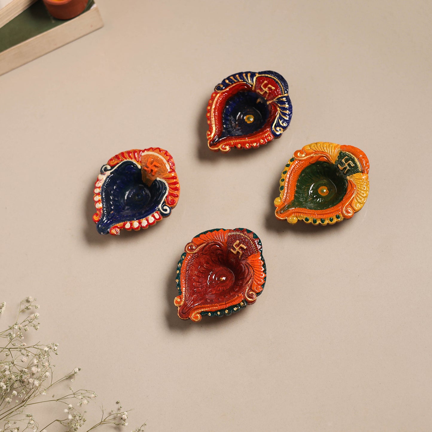 Festive handpainted clay diya (set of 4) 12 - handcrafted
