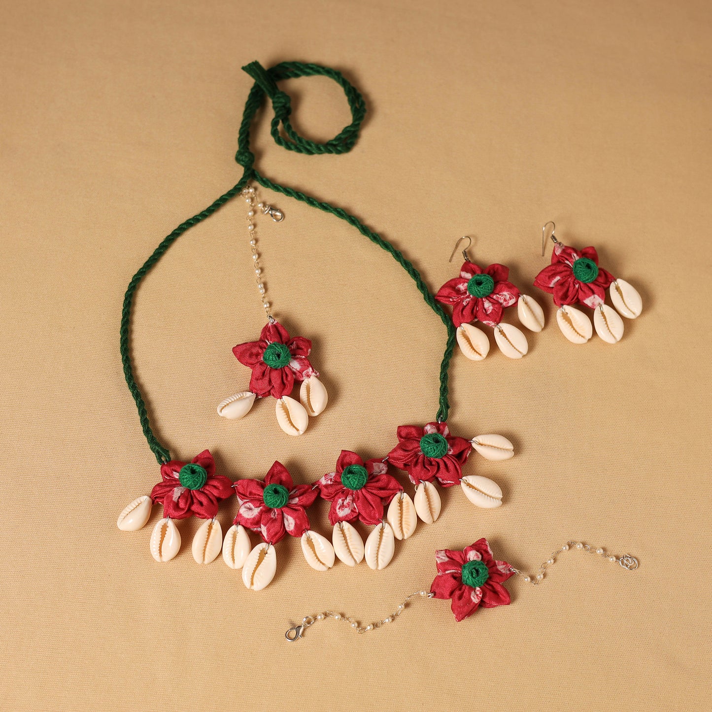 Red - handmade fabart floral jewellery set 08 - handcrafted