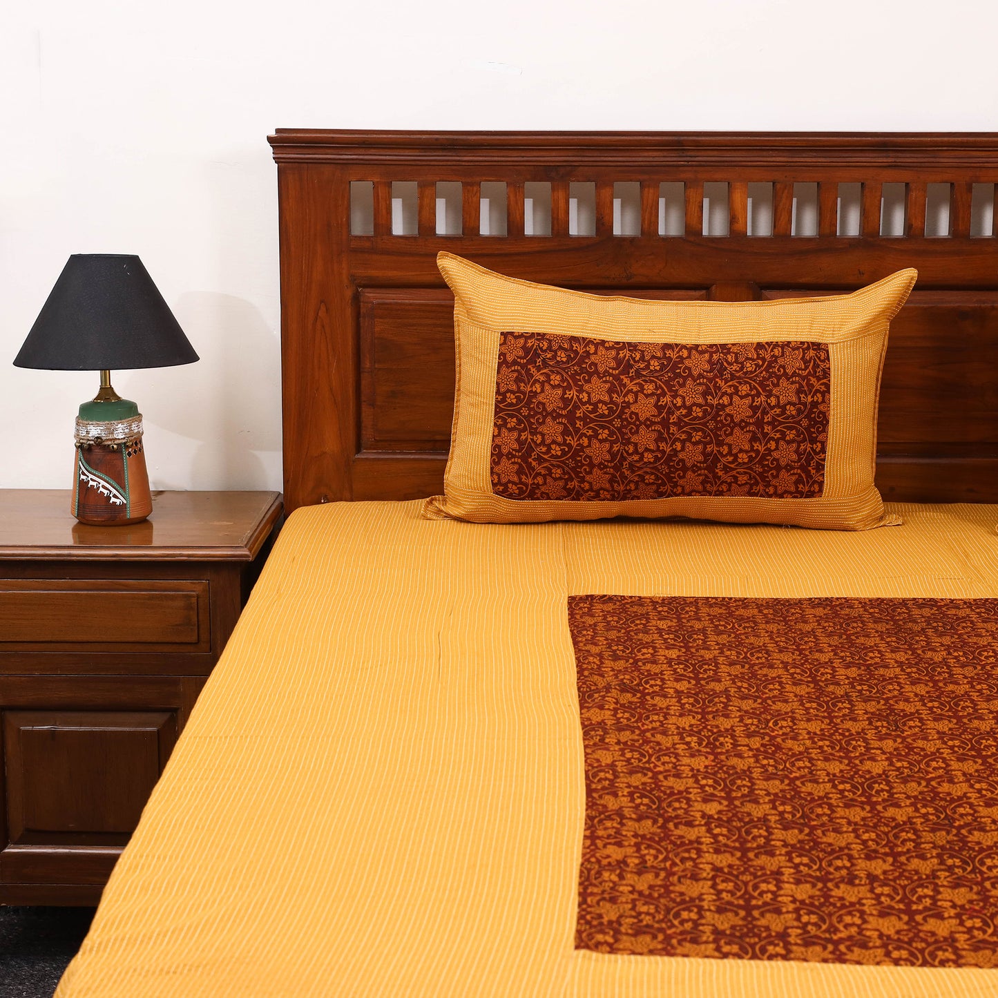 Yellow - kantha stitch with bagh patch cotton bedsheet set