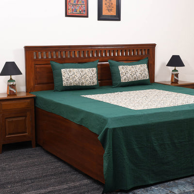 Green Kantha Stitch with Kalamkari Patch Cotton Bedsheet Set