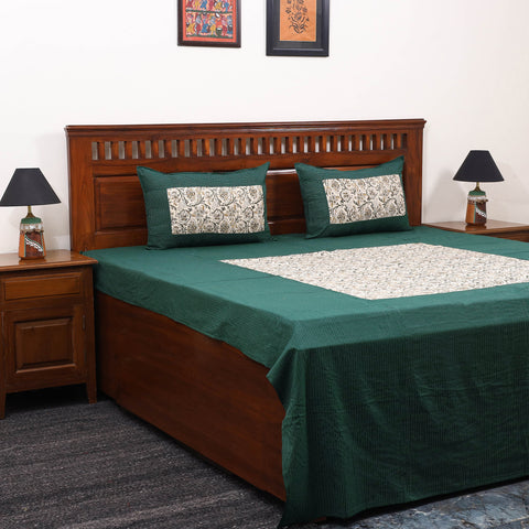 Green Kantha Stitch with Kalamkari Patch Cotton Bedsheet Set