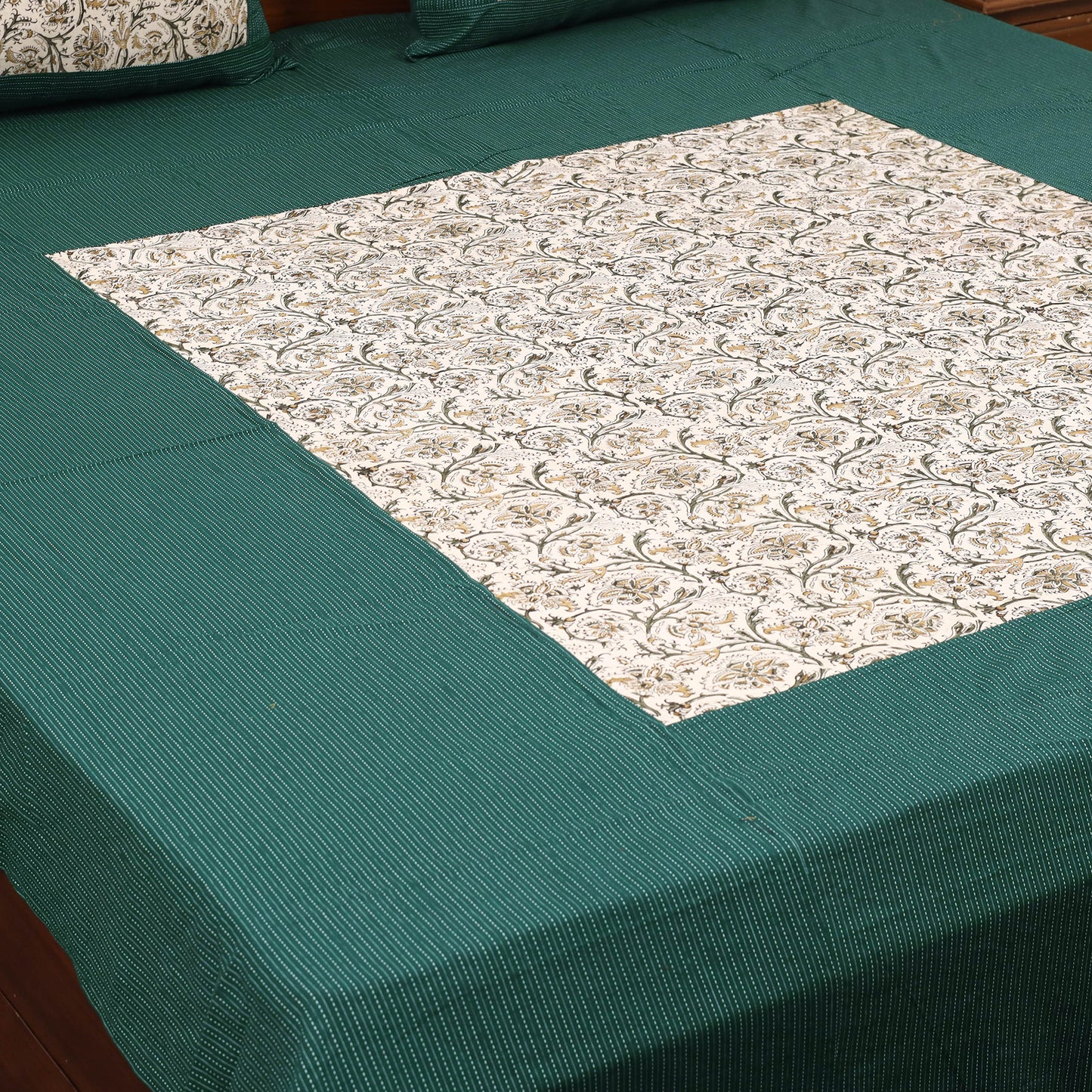 Green Kantha Stitch with Kalamkari Patch Cotton Bedsheet Set