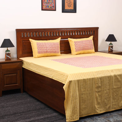 Beige Jacquard with Sanganeri Patch Cotton Bedsheet Set