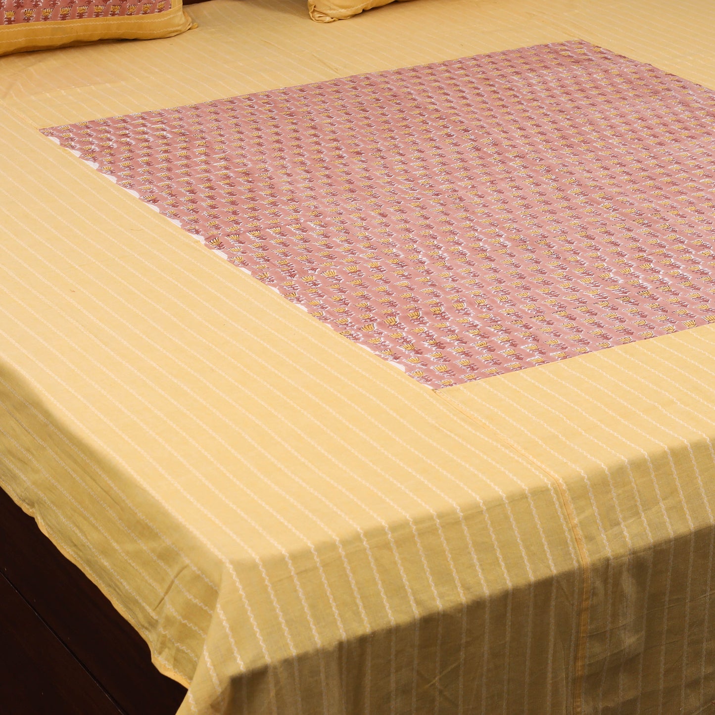 Beige Jacquard with Sanganeri Patch Cotton Bedsheet Set