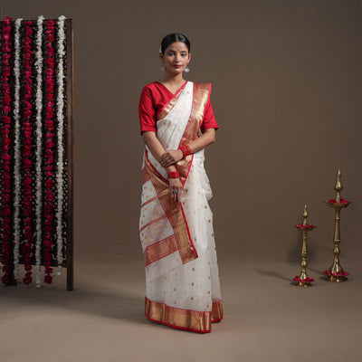 White - Durga Pooja Special - Traditional Handloom Chanderi Silk Saree 05