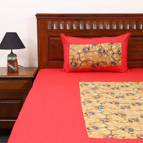 Red - kantha stitch with kalamkari patch cotton bedsheet