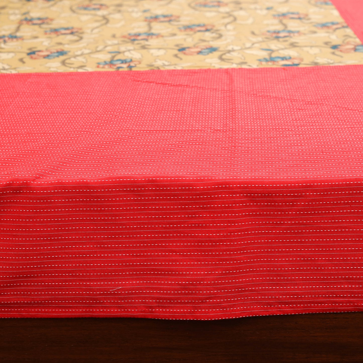 Red - kantha stitch with kalamkari patch cotton bedsheet