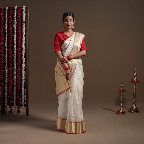 White - Durga Pooja Special - Traditional Handloom Chanderi Silk Saree 03