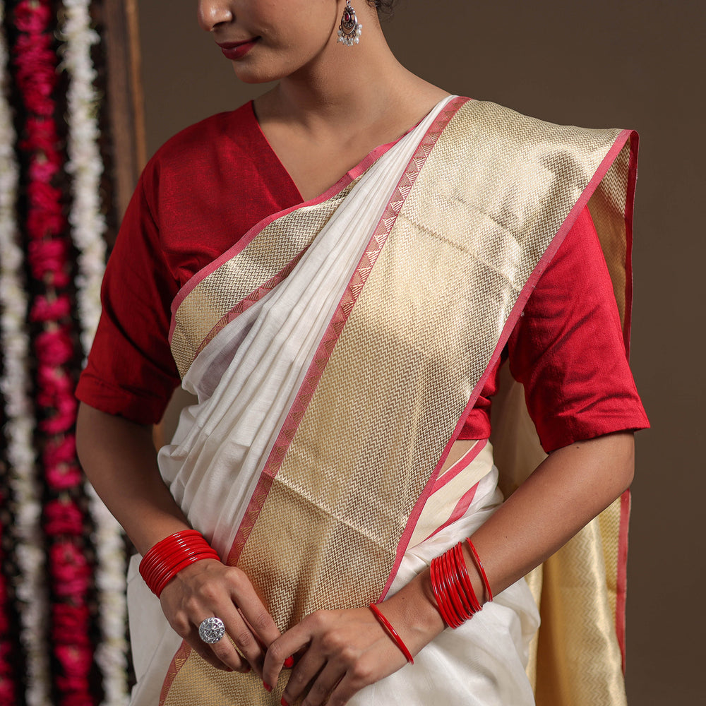 White - Durga Pooja Special - Traditional Handloom Chanderi Silk Saree 03