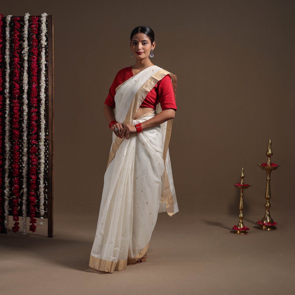 White - Durga Pooja Special - Traditional Handloom Chanderi Silk Saree 02