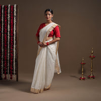 White - Durga Pooja Special - Traditional Handloom Chanderi Silk Saree 02