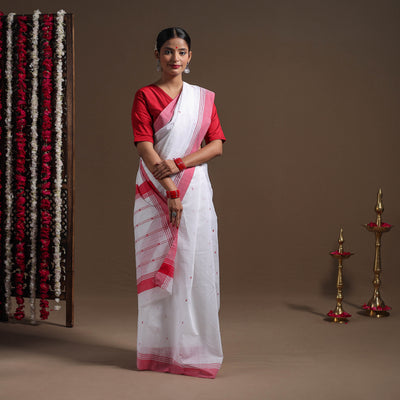 White - Durga Pooja Special - Traditional Handloom Chanderi Silk Saree 01