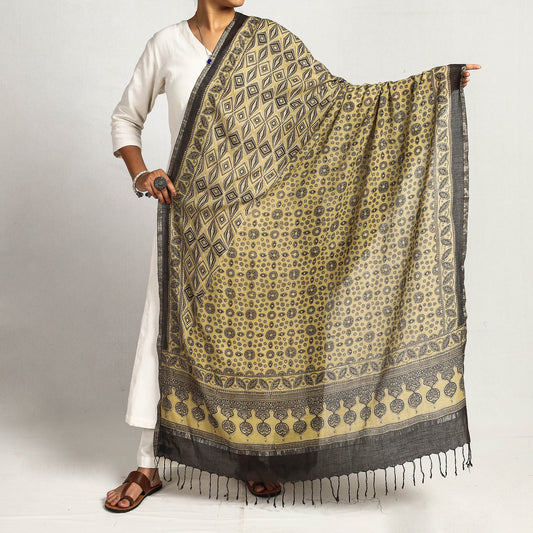 Yellow - Sufiyan Khatri Ajrakh Block Printed Handloom Cotton Dupatta with Tassels